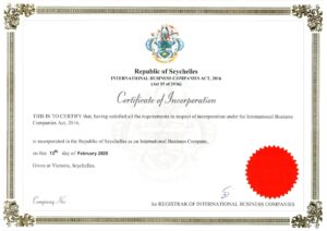 Certificate of Incorporation of a Seychelles Company