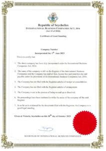 Certificate of Good Standing in the Seychelles (example)